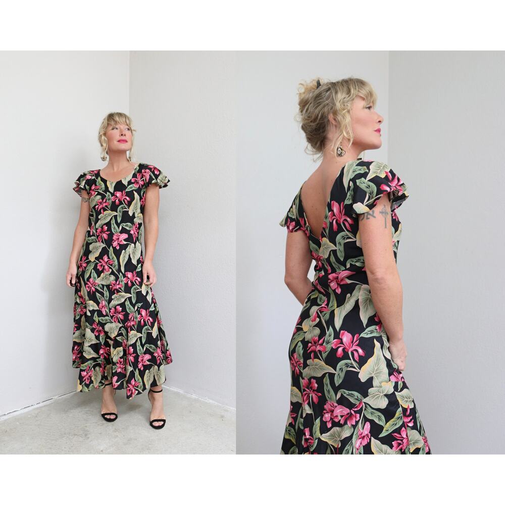 1990's Vintage Tori Richard Tropical Floral Bias Cut Maxi Dress Women's XS SM MD
